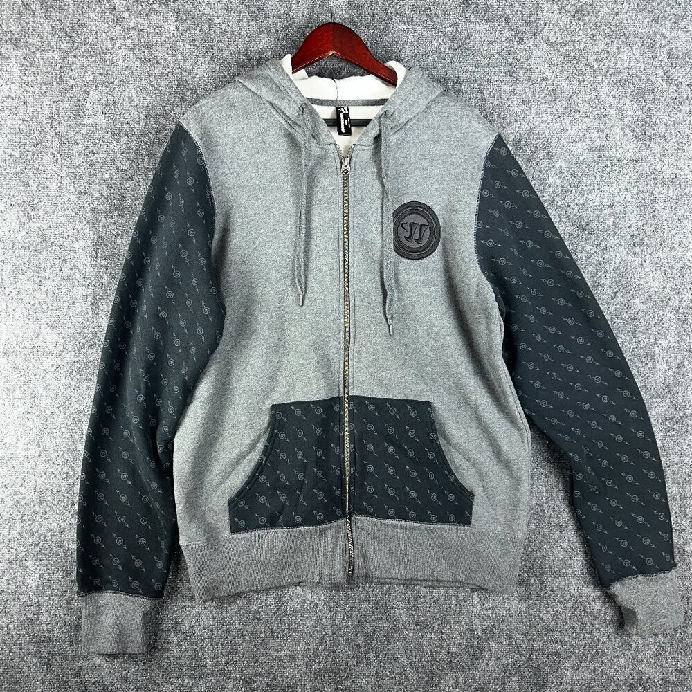 Warrior Hoodie Mens Large Gray Black Kangaroo Pockets Full Zip Rubber Logo
